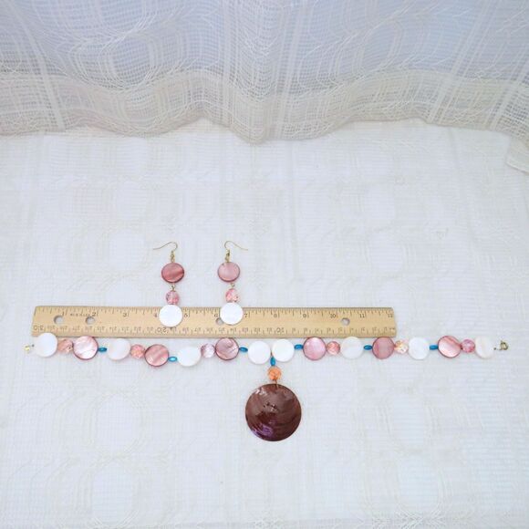 Handmade Mauve and White Jewelry Set, Shell Beaded Necklace and Earrings Casual - Picture 6 of 8